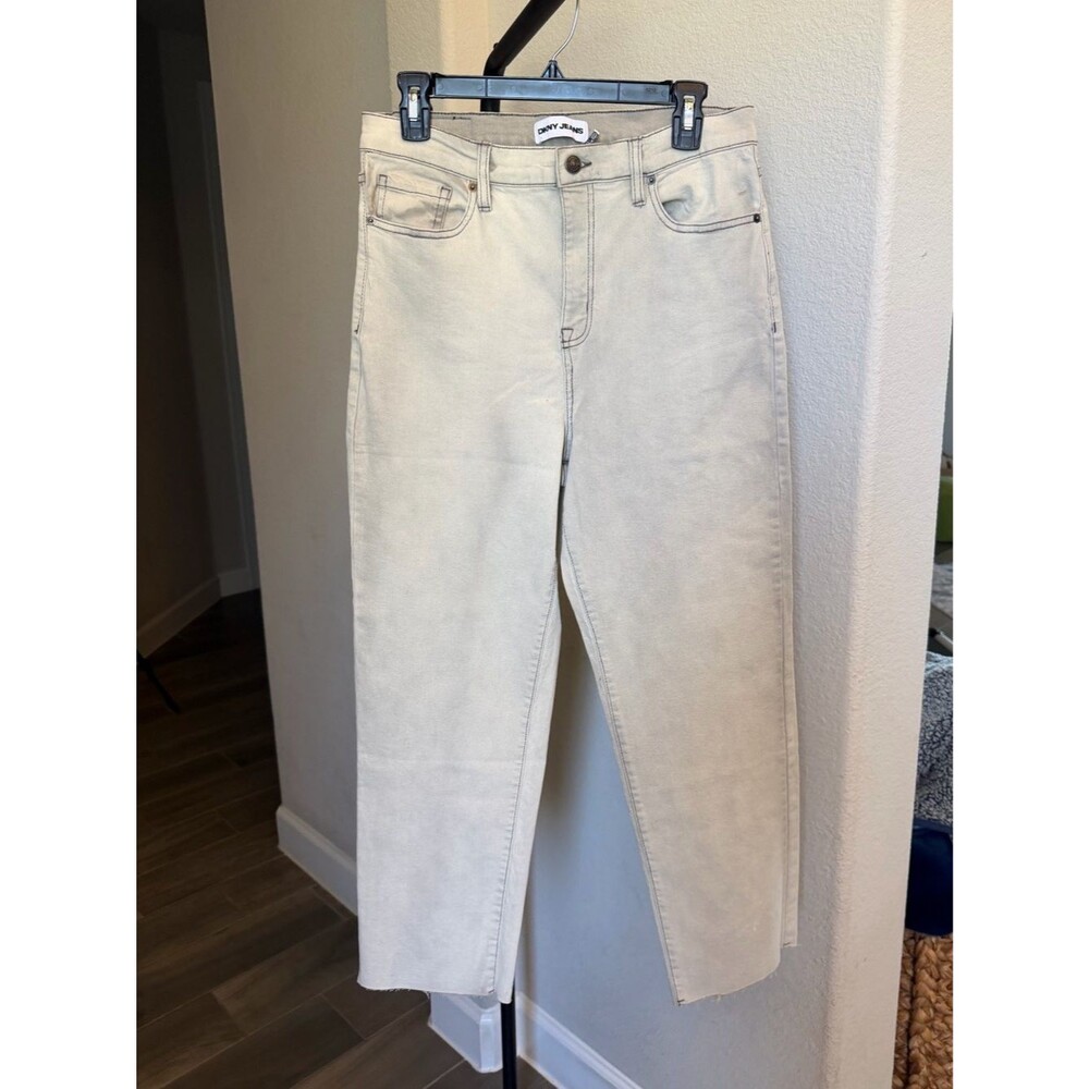 DKNY Cream Cropped Straight Denim Jeans Frayed Hem Mid-Rise 12/31 27" Inseam